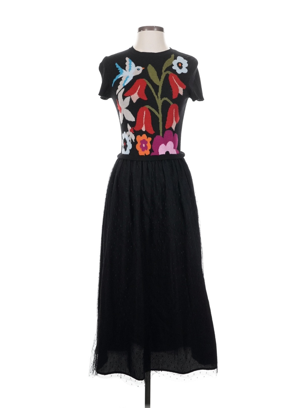 RED Valentino Black Knit & Tulle Dress Multicolor Floral & Bird Embroidery Fairy
